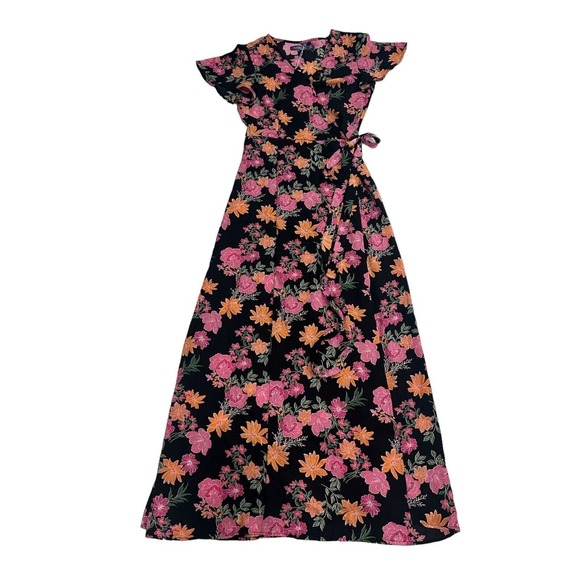 Womens Floral Wrap Dress Size Medium Long Maxi Short‎ Sleeve Boho Cottagecore - Picture 1 of 6
